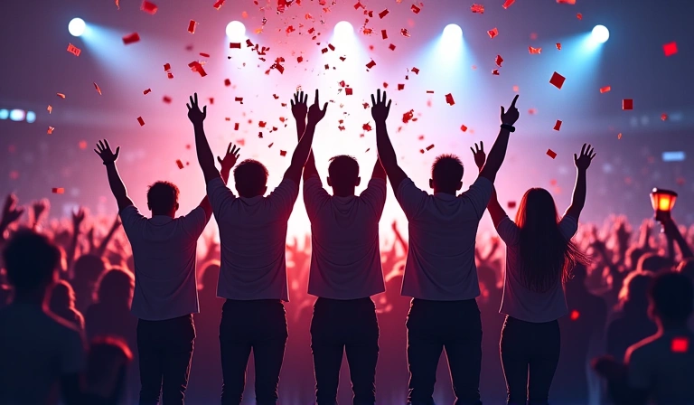 Esports team celebrating a victory on stage