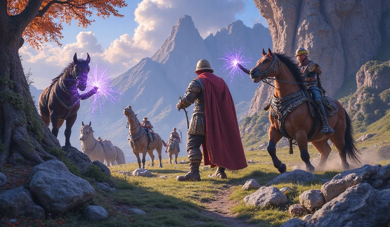 Fantasy RPG game scene with mythical creatures and heroes