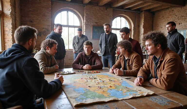 Guild members in an online game strategizing in a vibrant hall
