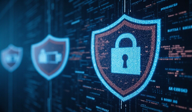 Data privacy illustration with locks and digital shields