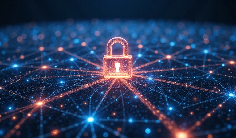 Abstract representation of digital data flow and security, symbolizing disclaimers and legal boundaries.