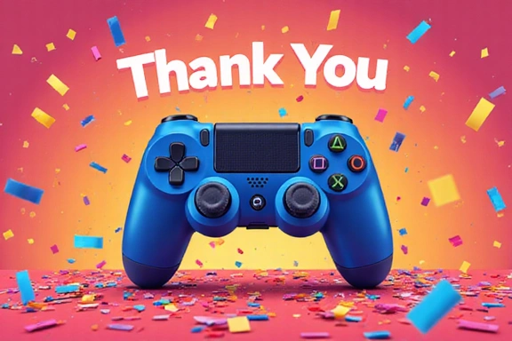 A thank you illustration with a gaming controller and confetti